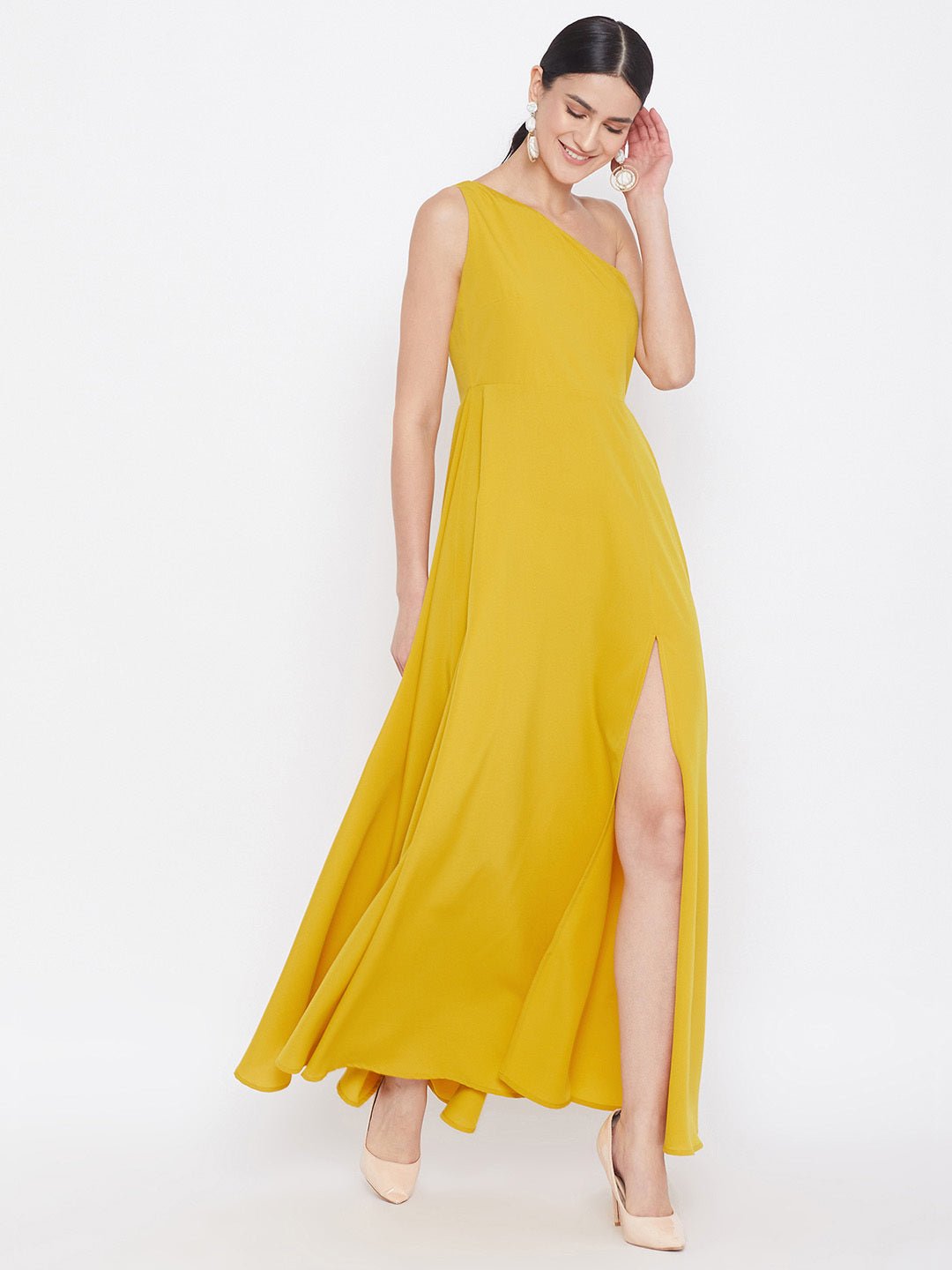 Folk Republic Women Solid Yellow One-Shoulder A-Line Maxi Dress - #folk republic#