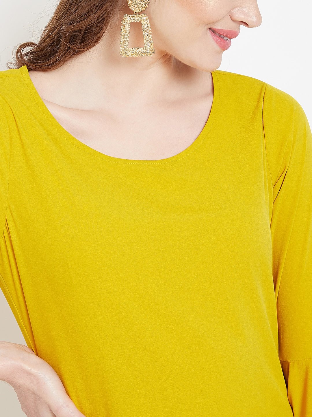 Folk Republic Women Solid Yellow Round Neck Bell Sleeve A-Line Mini Dress - #folk republic#
