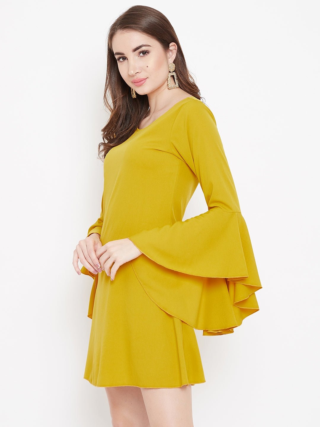 Folk Republic Women Solid Yellow Round Neck Bell Sleeve A-Line Mini Dress - #folk republic#