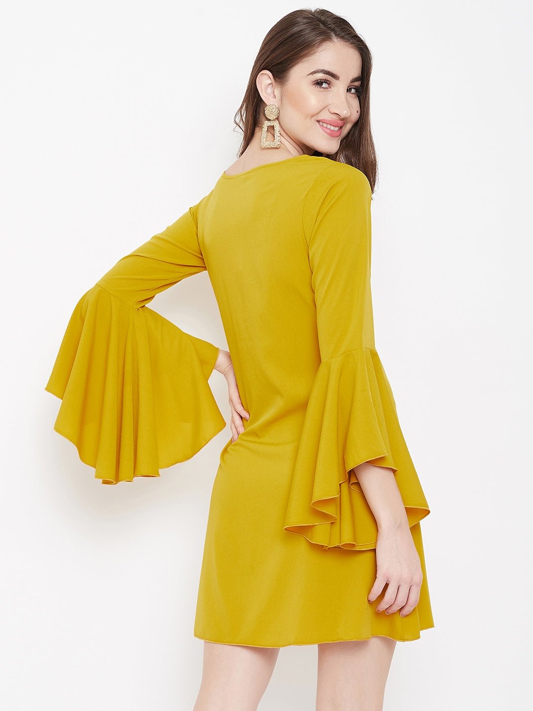 Folk Republic Women Solid Yellow Round Neck Bell Sleeve A-Line Mini Dress - #folk republic#