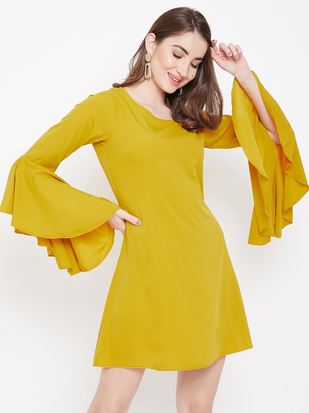 Folk Republic Women Solid Yellow Round Neck Bell Sleeve A-Line Mini Dress - #folk republic#