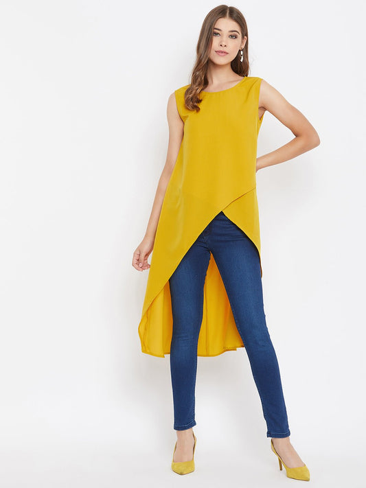 Folk Republic Women Solid Yellow Round Neck High-Low Longline Top - #folk republic#