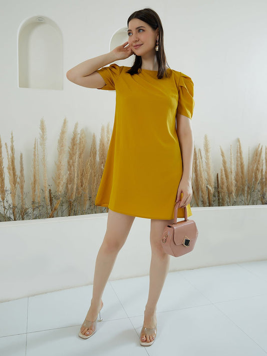 Folk Republic Women Solid Yellow Round Neck Puff Sleeve Button-Up Curved Hem A-Line Mini Dress - #folk republic#