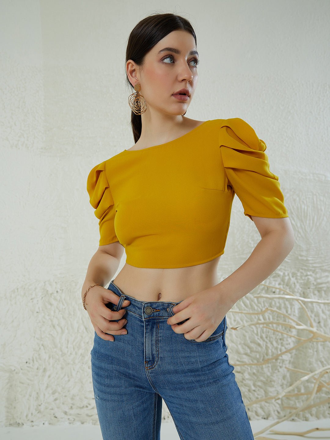 Folk Republic Women Solid Yellow Round Neck Puff Sleeves Crepe Styled Tie-Up Back Cropped Top - #folk republic#
