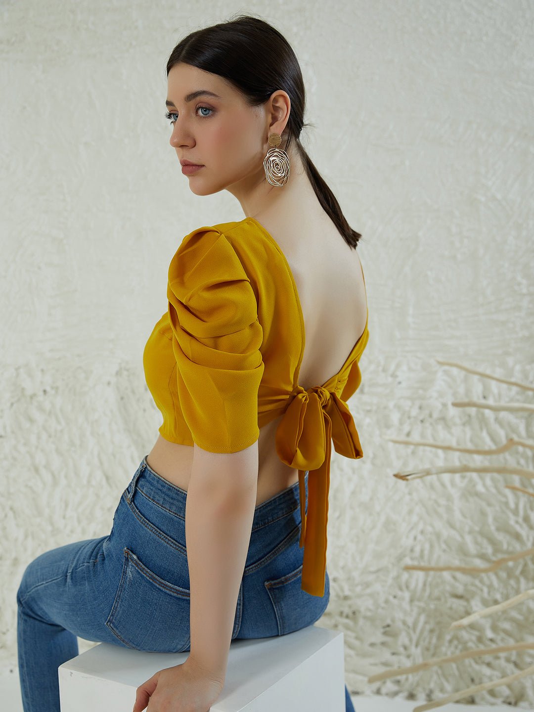 Folk Republic Women Solid Yellow Round Neck Puff Sleeves Crepe Styled Tie-Up Back Cropped Top - #folk republic#