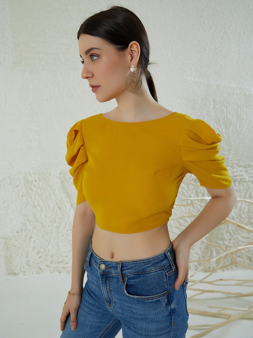 Folk Republic Women Solid Yellow Round Neck Puff Sleeves Crepe Styled Tie-Up Back Cropped Top - #folk republic#