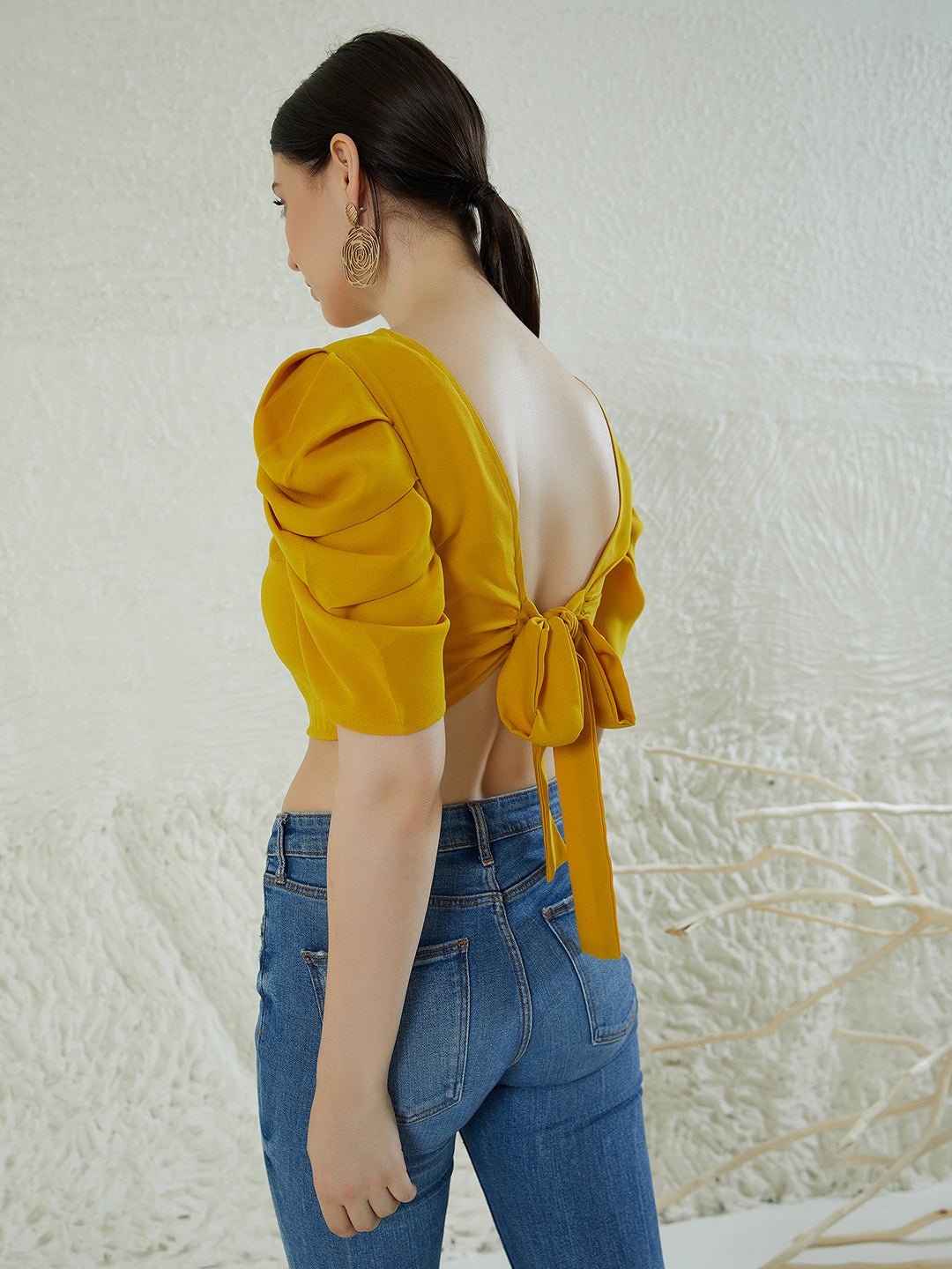 Folk Republic Women Solid Yellow Round Neck Puff Sleeves Crepe Styled Tie-Up Back Cropped Top - #folk republic#