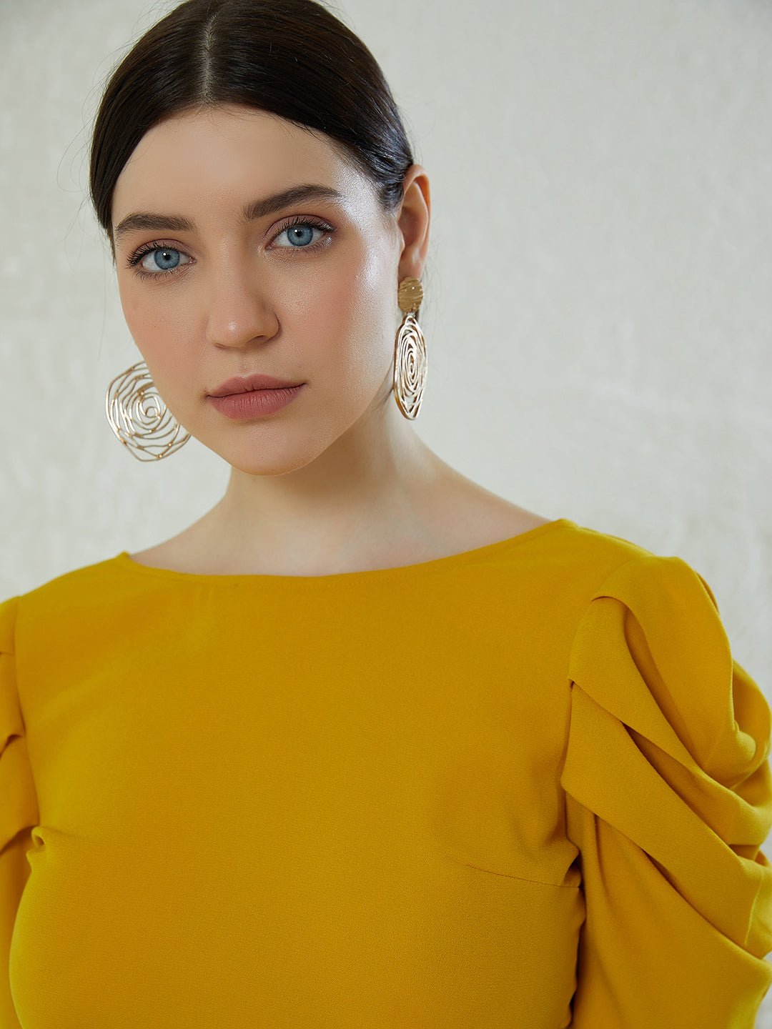 Folk Republic Women Solid Yellow Round Neck Puff Sleeves Crepe Styled Tie-Up Back Cropped Top - #folk republic#