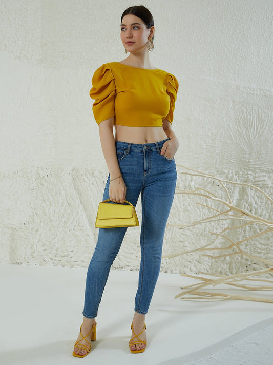 Folk Republic Women Solid Yellow Round Neck Puff Sleeves Crepe Styled Tie-Up Back Cropped Top - #folk republic#