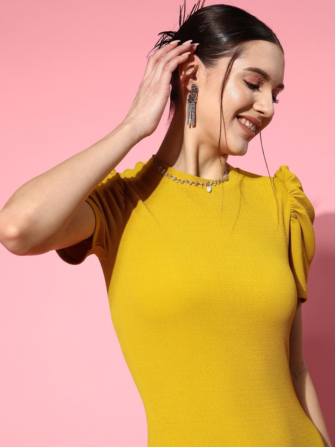 Folk Republic Women Solid Yellow Round Neck Puff Sleeves Straight Hem Knitted Bodycon Mini Dress - #folk republic#