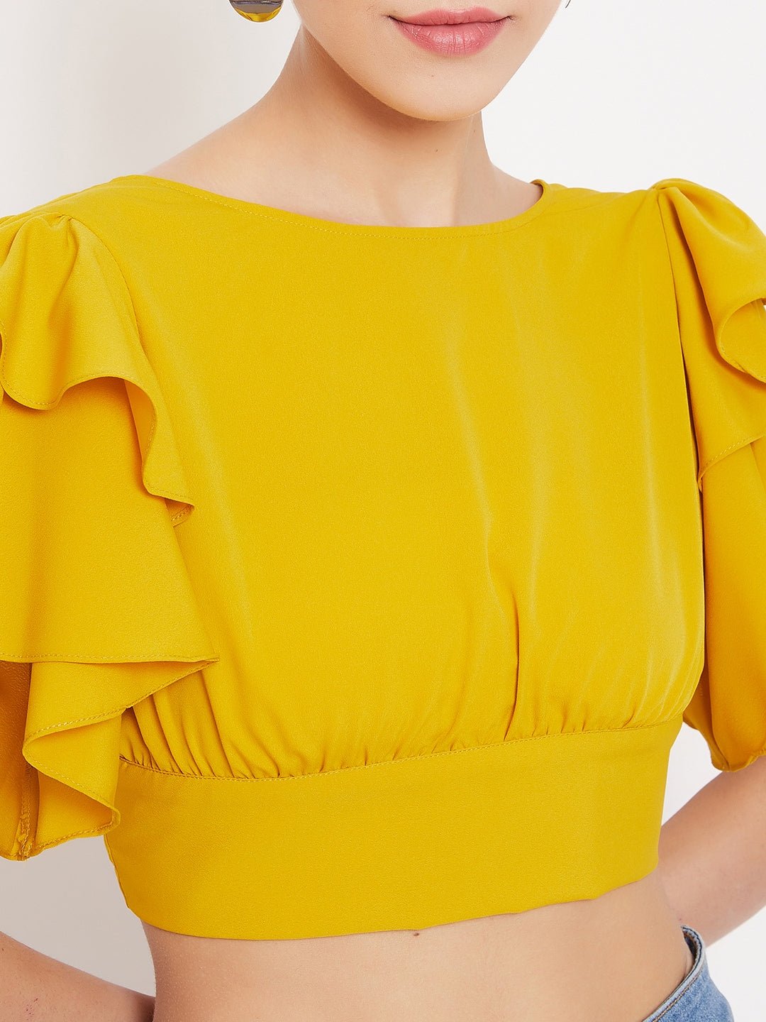 Folk Republic Women Solid Yellow Ruffle Sleeves Back Tie Top - #folk republic#