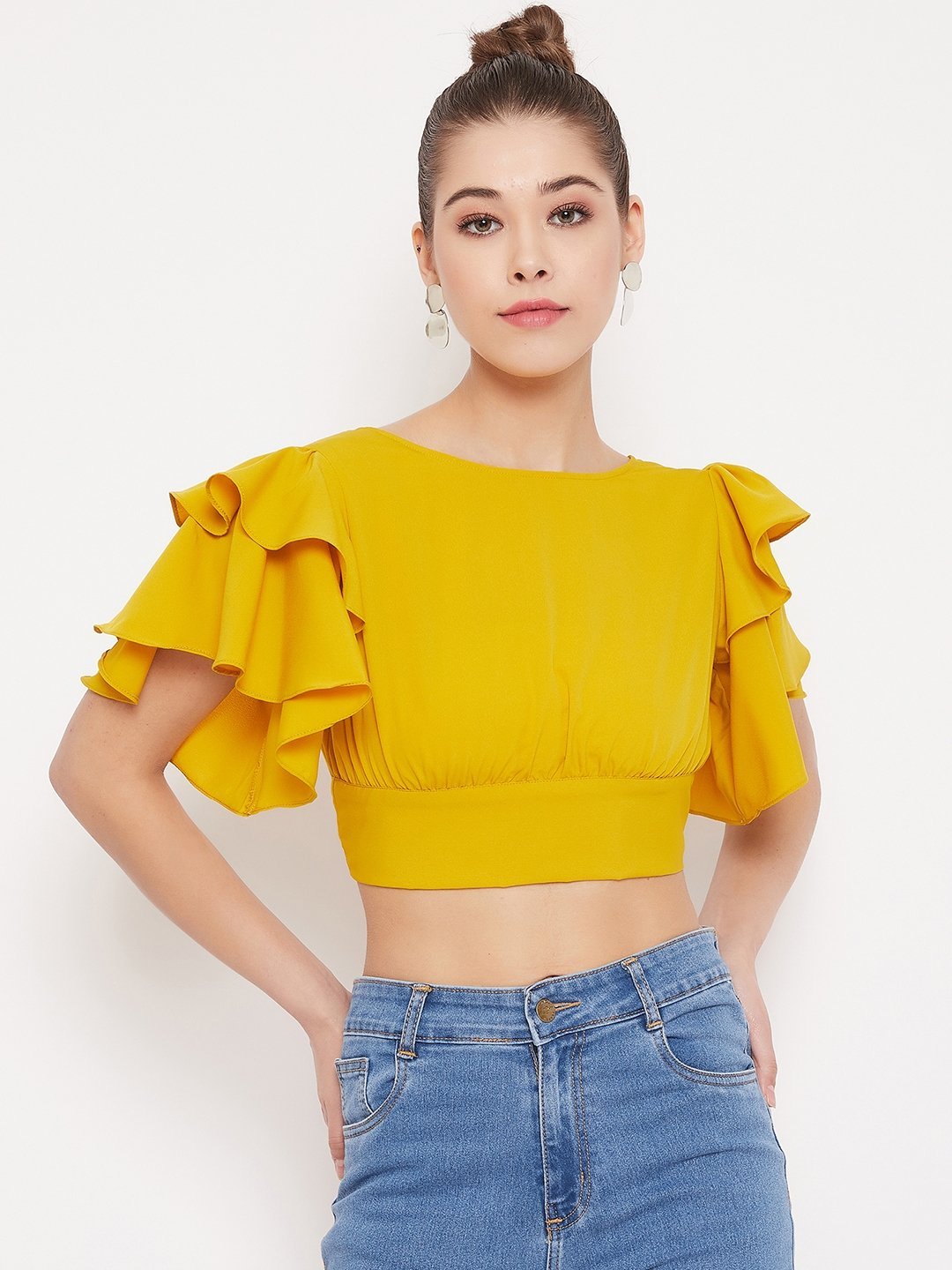Folk Republic Women Solid Yellow Ruffle Sleeves Back Tie Top - #folk republic#