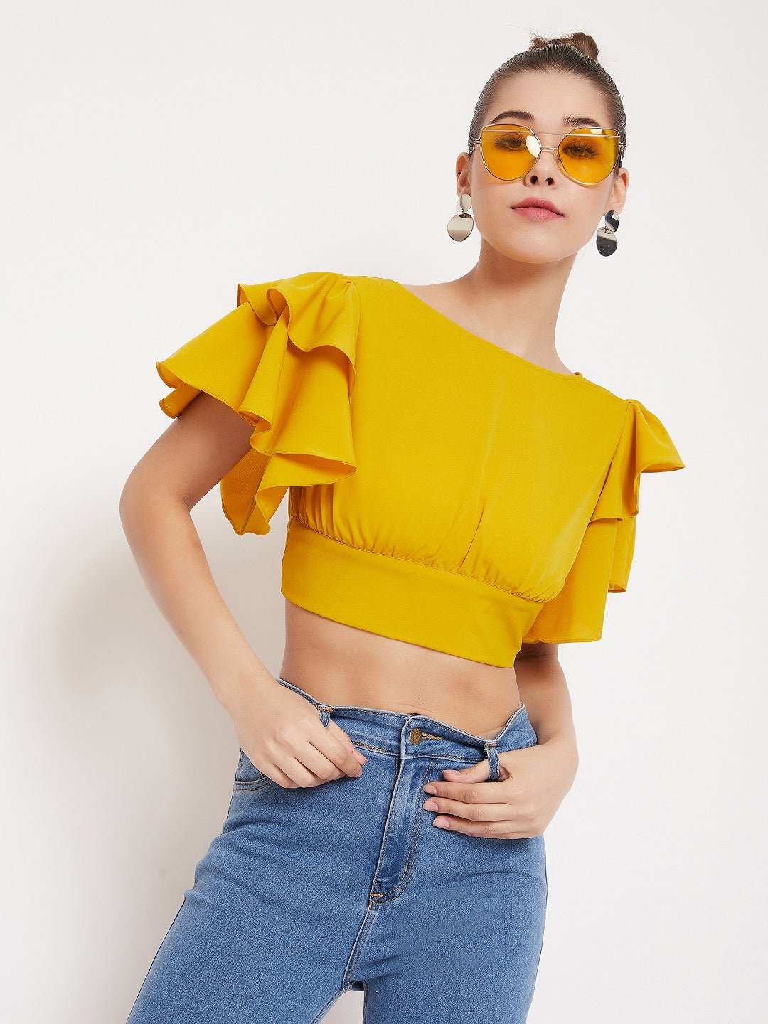 Folk Republic Women Solid Yellow Ruffle Sleeves Back Tie Top - #folk republic#