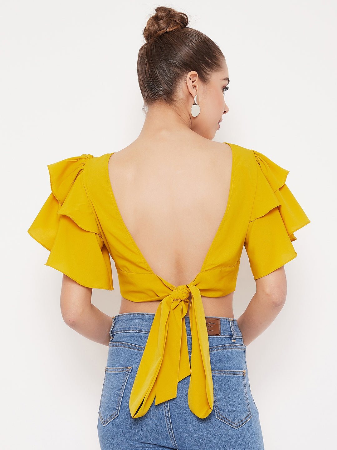 Folk Republic Women Solid Yellow Ruffle Sleeves Back Tie Top - #folk republic#