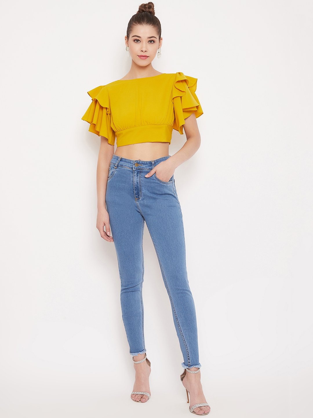 Folk Republic Women Solid Yellow Ruffle Sleeves Back Tie Top - #folk republic#