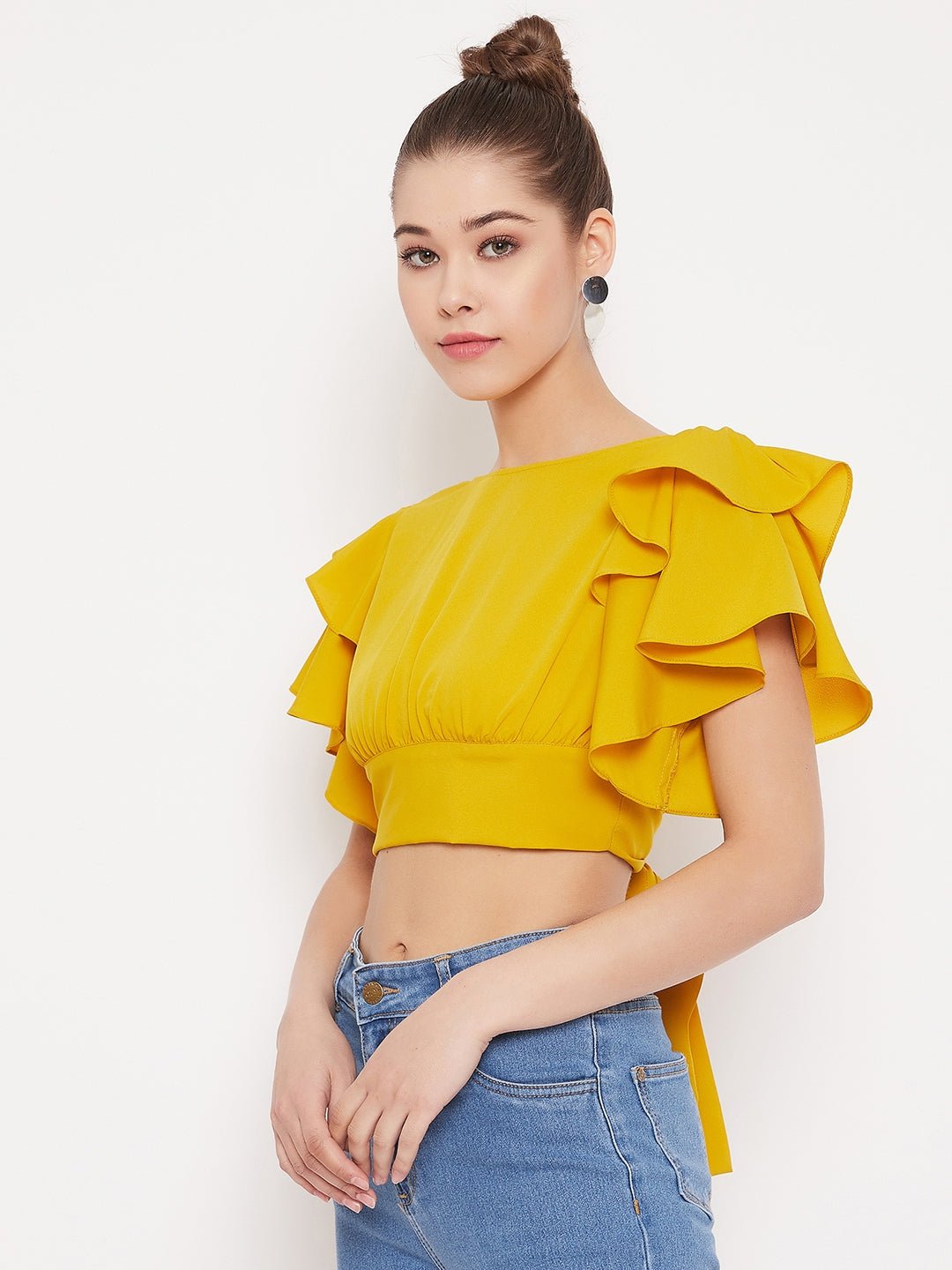 Folk Republic Women Solid Yellow Ruffle Sleeves Back Tie Top - #folk republic#
