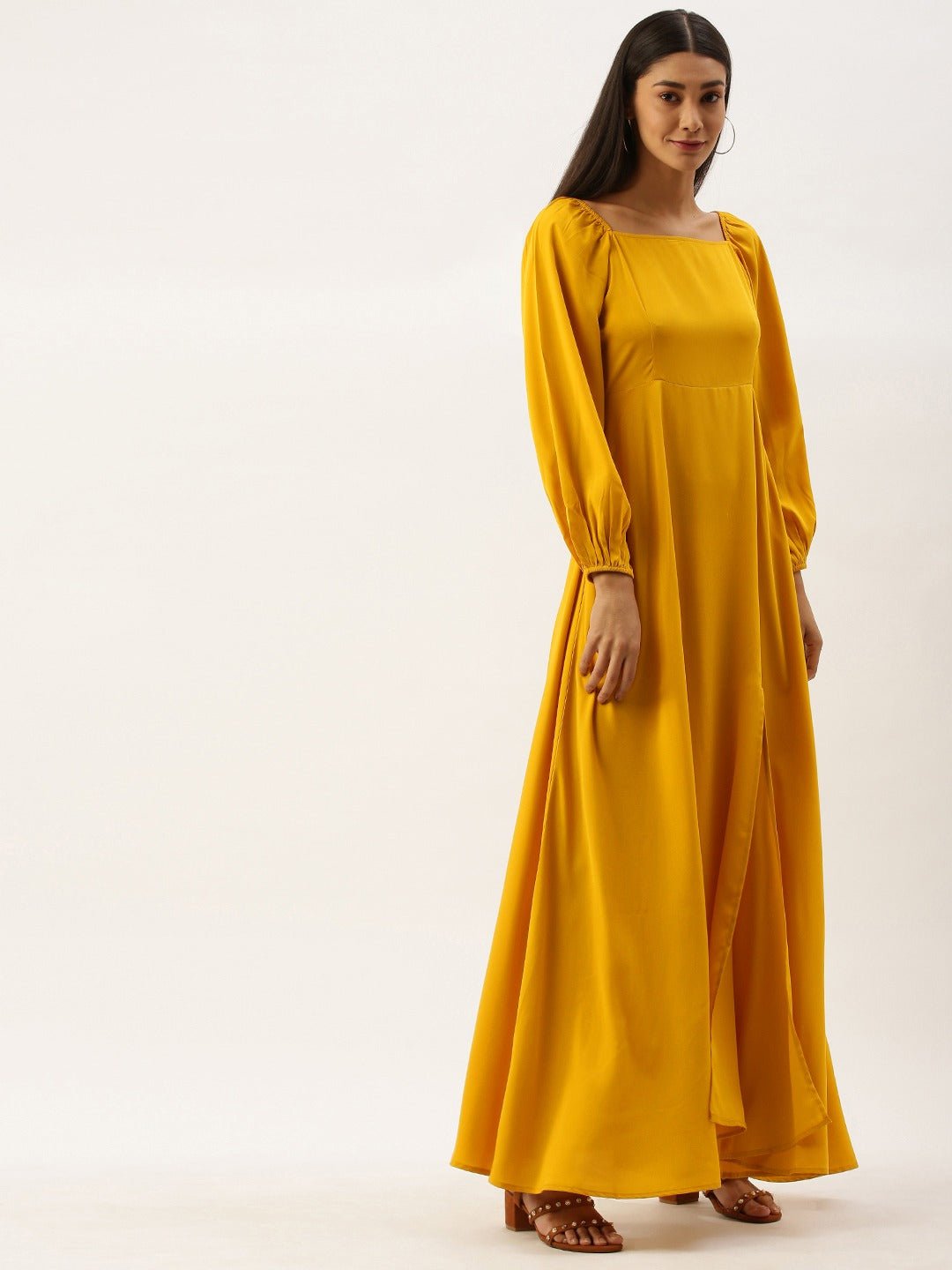 Folk Republic Women Solid Yellow Square Neck Maxi Dress - #folk republic#