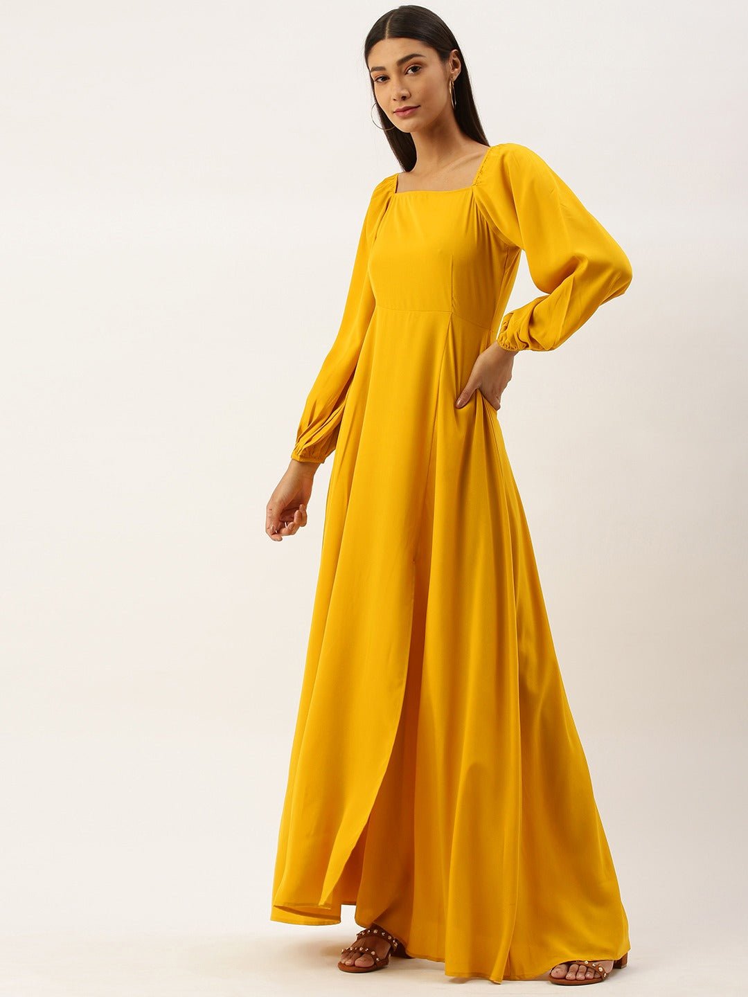 Folk Republic Women Solid Yellow Square Neck Maxi Dress - #folk republic#