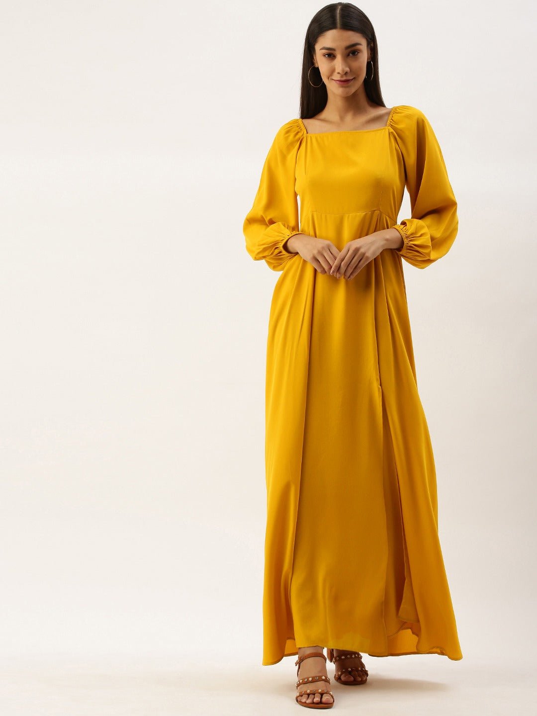 Folk Republic Women Solid Yellow Square Neck Maxi Dress - #folk republic#