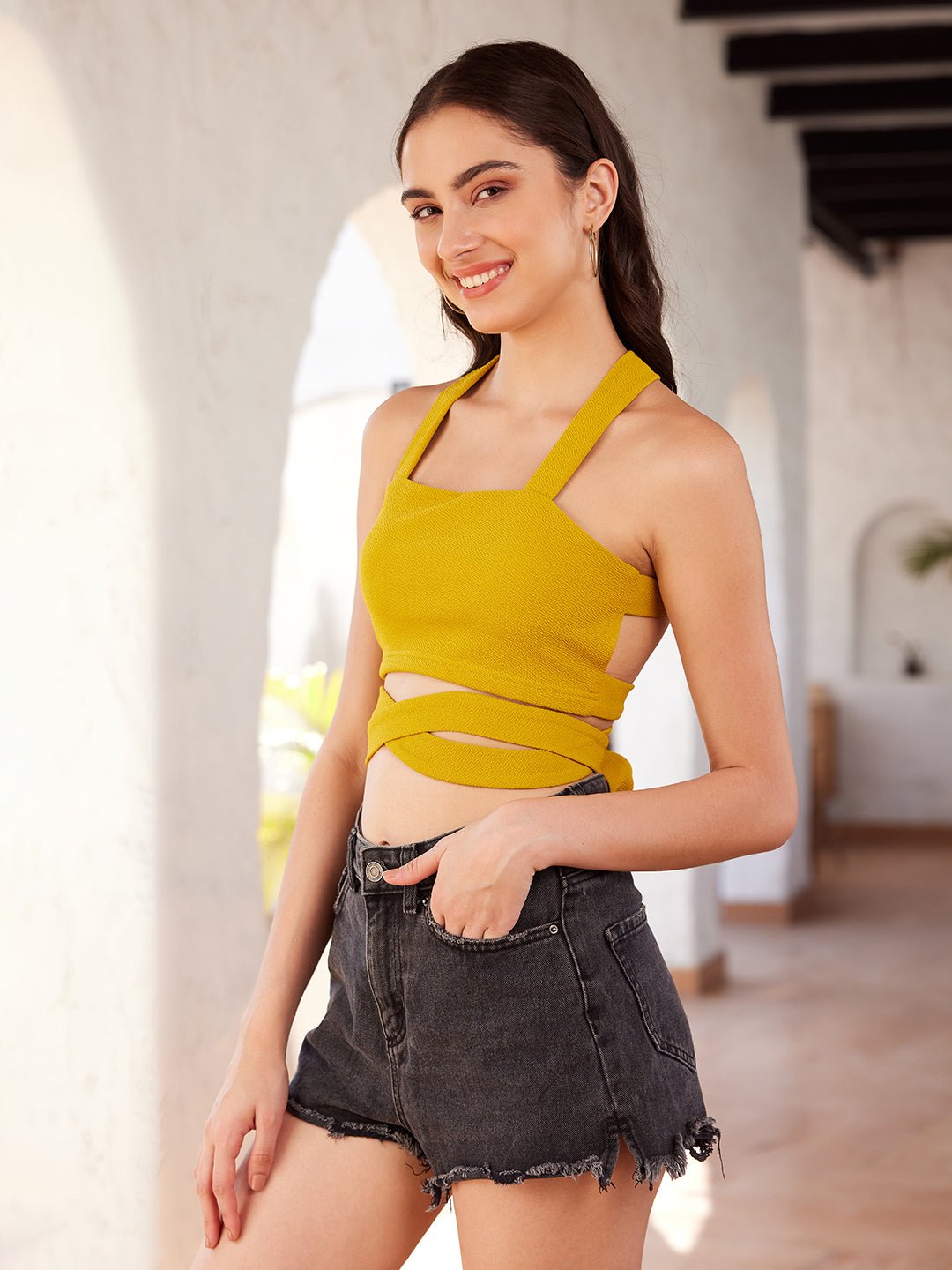 Folk Republic Women Solid Yellow Square Neck Sleeveless Tie-Up Styled Back Crepe Crop Top - #folk republic#