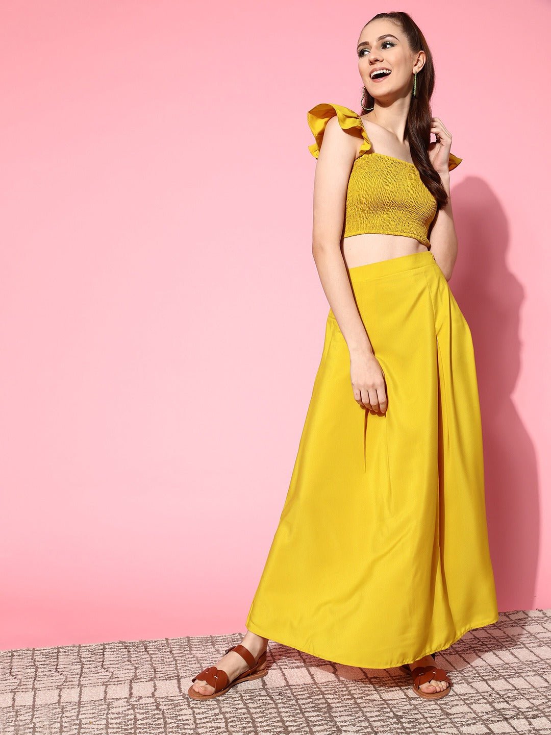 Folk Republic Women Solid Yellow Square Neck Smocked Crop Top & Thigh-High Slit Maxi Skirt Co-Ord Dress - #folk republic#
