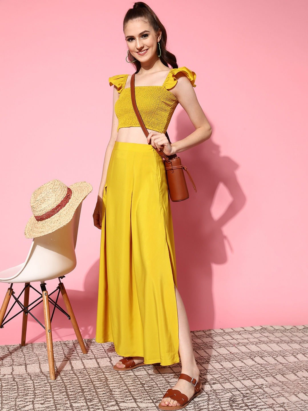 Folk Republic Women Solid Yellow Square Neck Smocked Crop Top & Thigh-High Slit Maxi Skirt Co-Ord Dress - #folk republic#