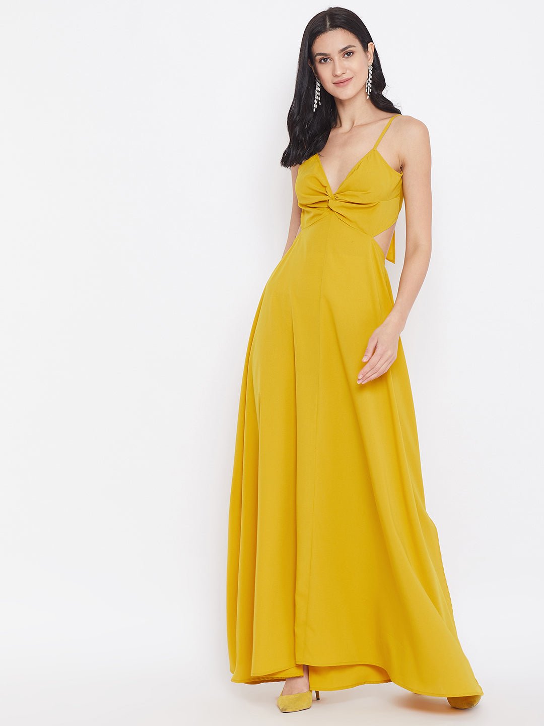 Folk Republic Women Solid Yellow Strappy V-Neck A-Line Maxi Dress - #folk republic#