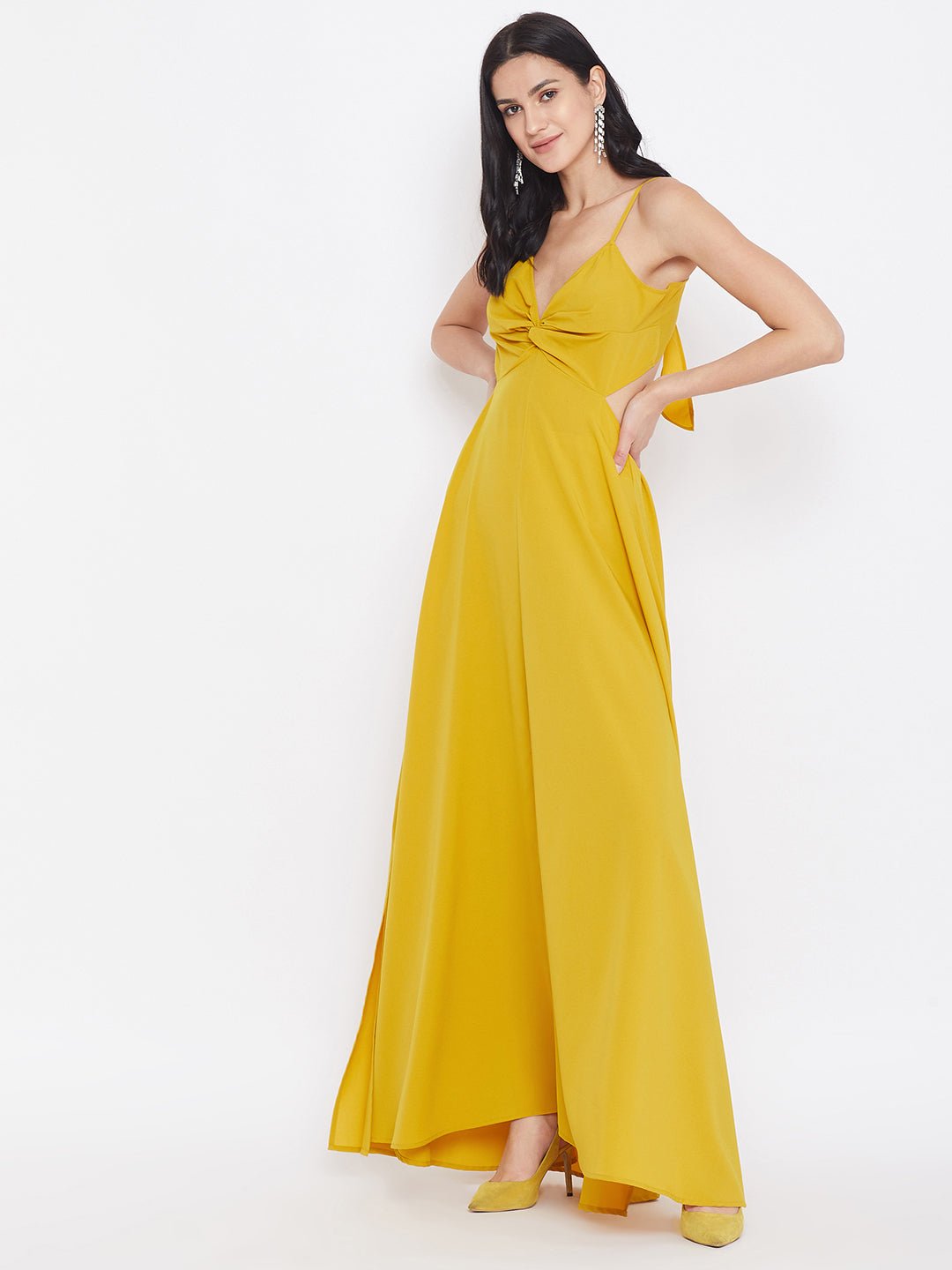 Folk Republic Women Solid Yellow Strappy V-Neck A-Line Maxi Dress - #folk republic#
