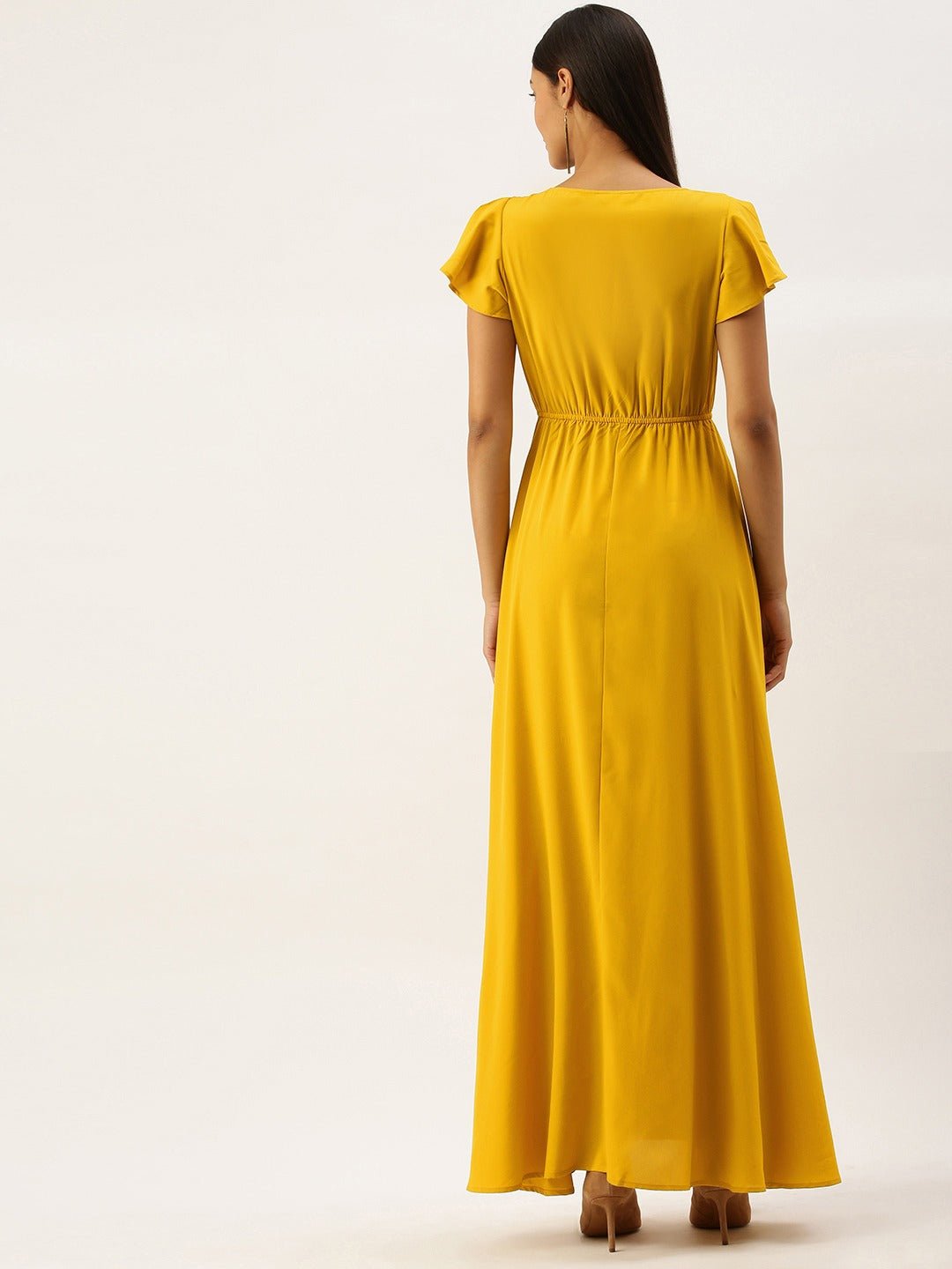 Folk Republic Women Solid Yellow V-Neck Short Sleeve Maxi Dress - #folk republic#