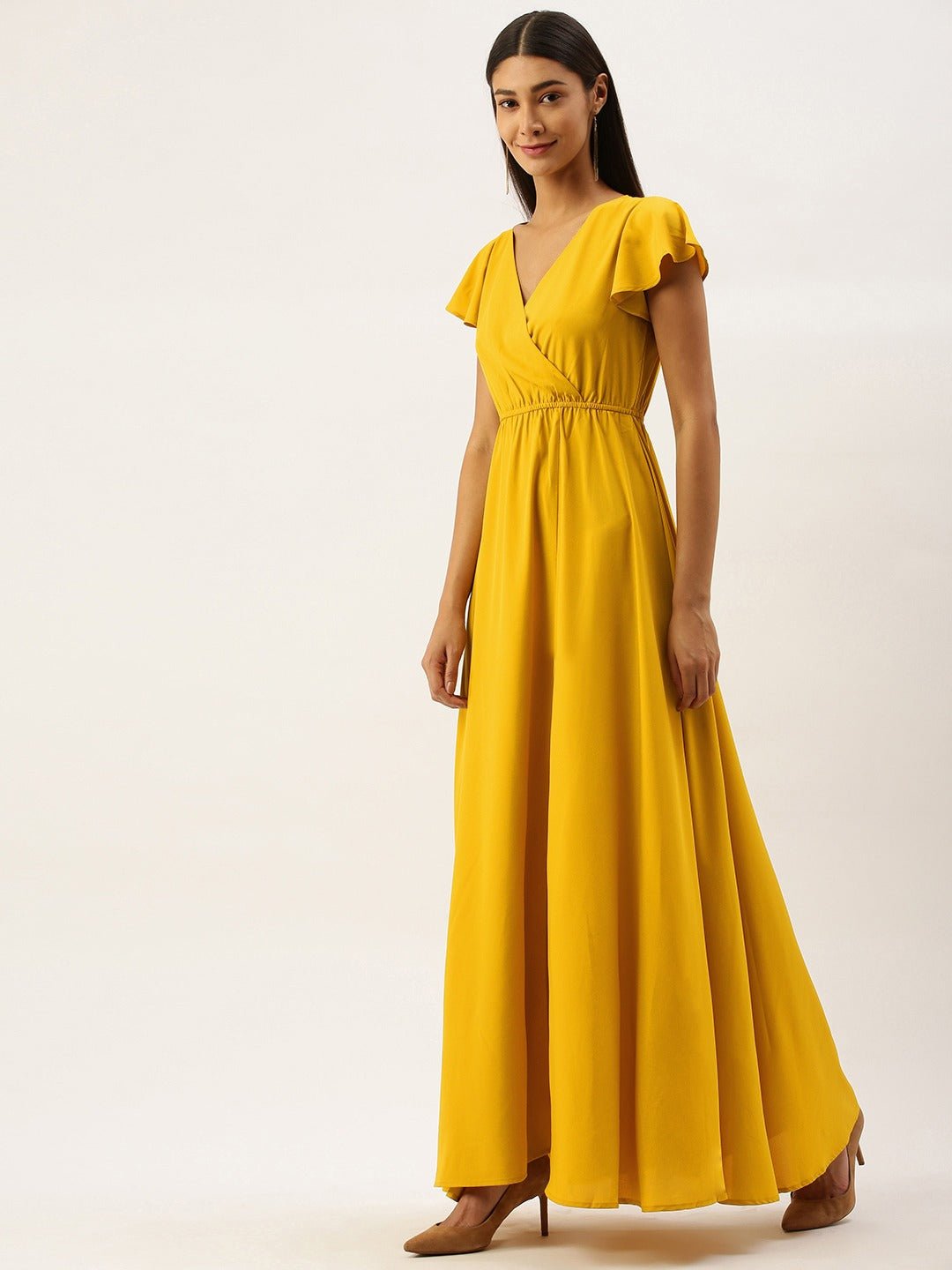 Folk Republic Women Solid Yellow V-Neck Short Sleeve Maxi Dress - #folk republic#
