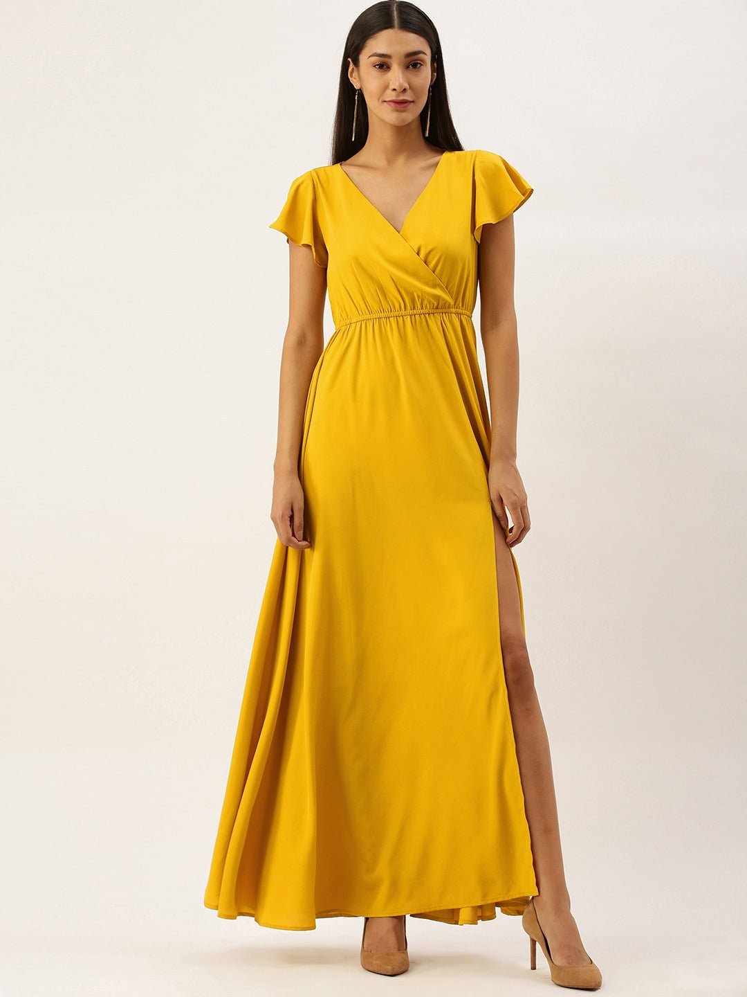 Folk Republic Women Solid Yellow V-Neck Short Sleeve Maxi Dress - #folk republic#