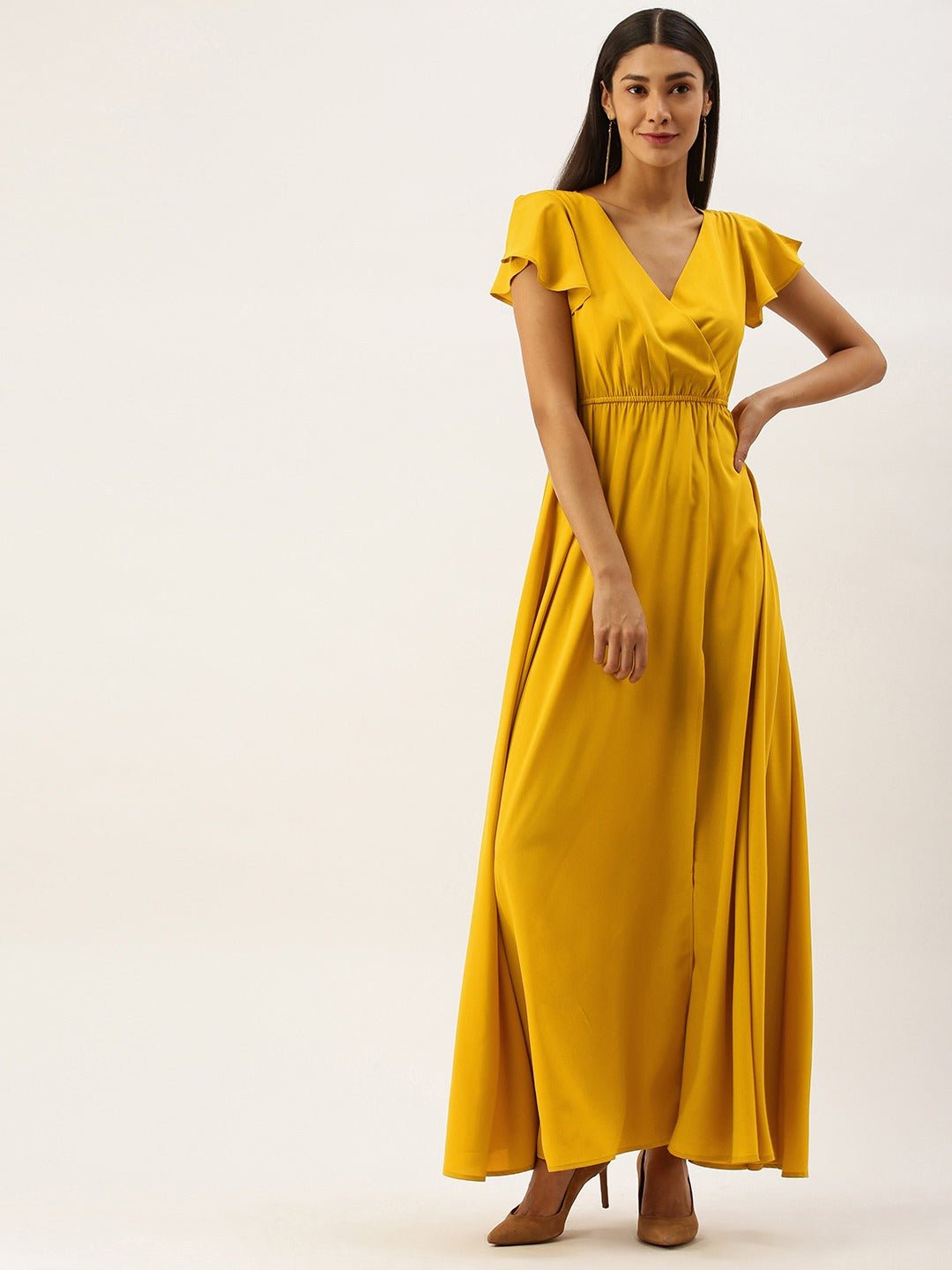 Folk Republic Women Solid Yellow V-Neck Short Sleeve Maxi Dress - #folk republic#