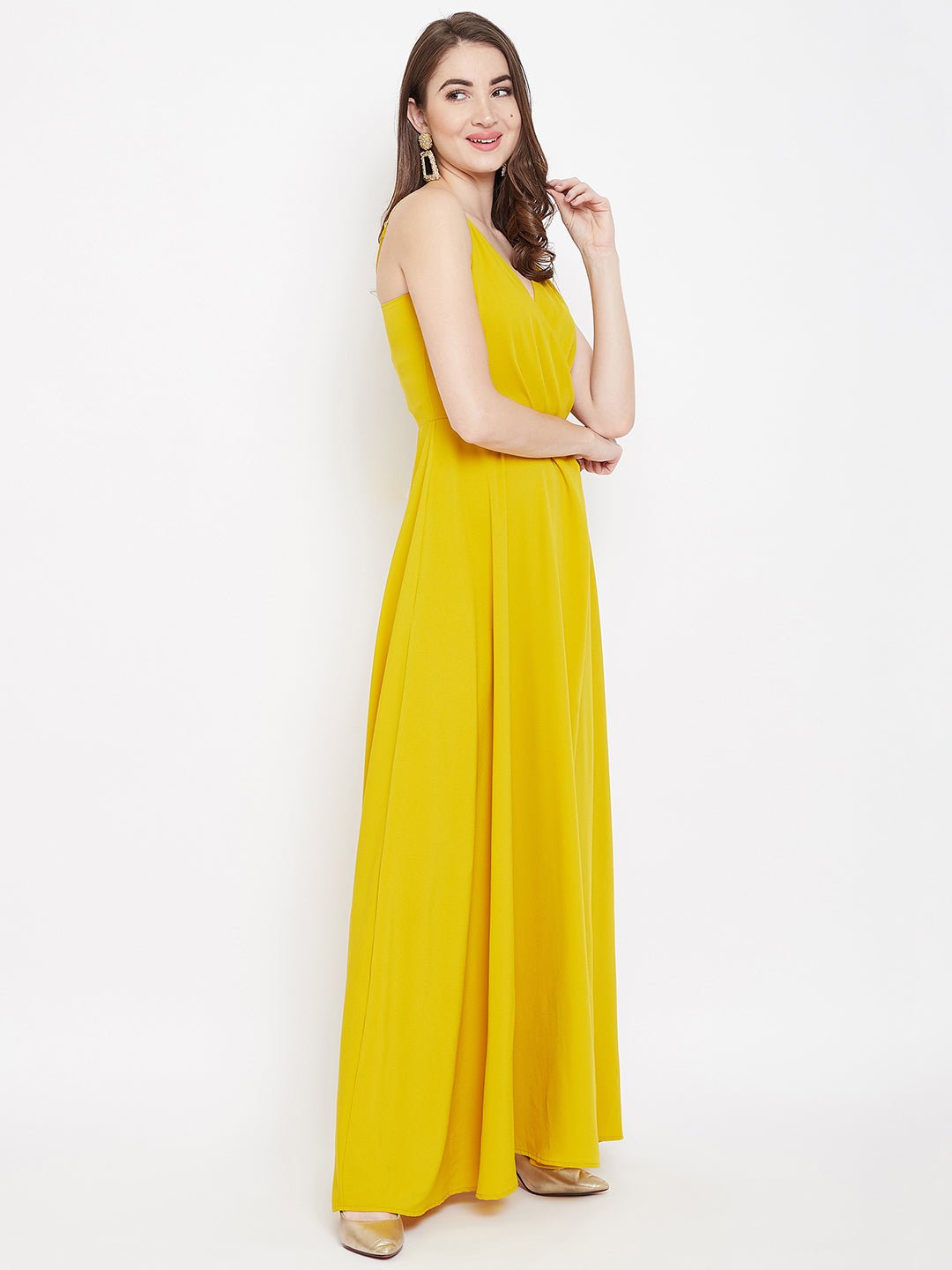 Folk Republic Women Solid Yellow V-Neck Sleeveless Crepe Thigh-High Slit A-Line Maxi Dress - #folk republic#