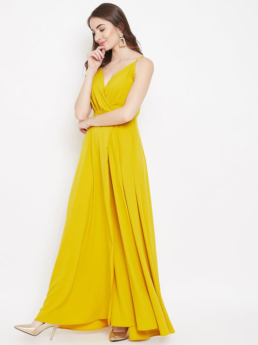 Folk Republic Women Solid Yellow V-Neck Sleeveless Crepe Thigh-High Slit A-Line Maxi Dress - #folk republic#