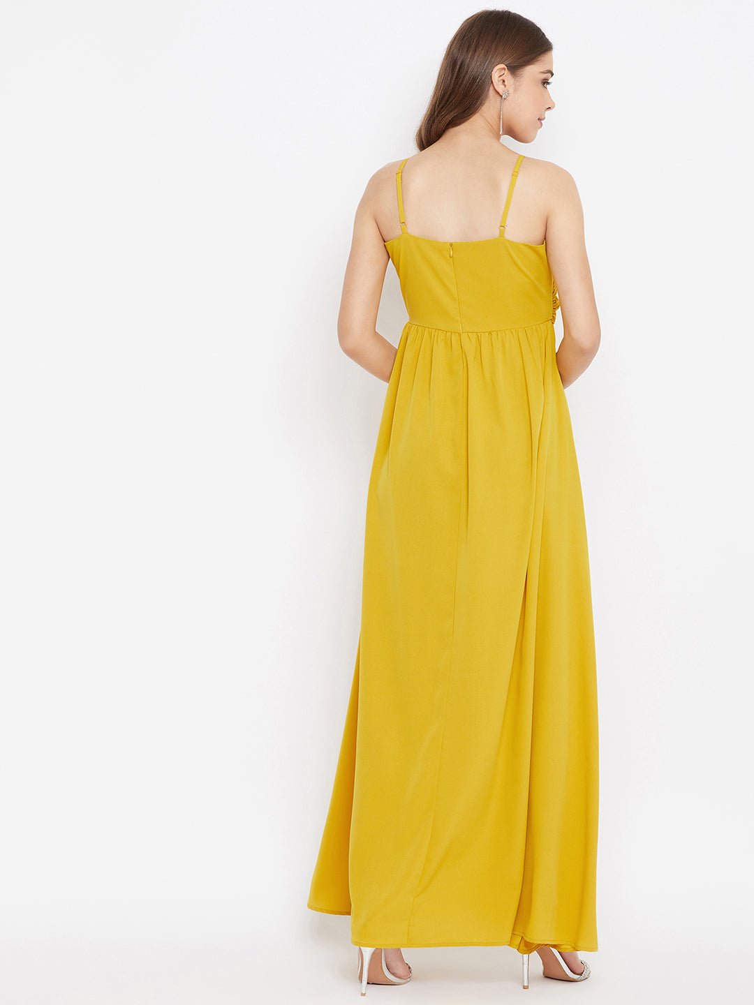 Folk Republic Women Solid Yellow V-Neck Sleeveless Ruched Maxi Dress - #folk republic#