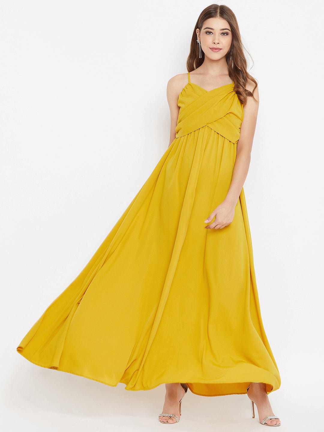 Folk Republic Women Solid Yellow V-Neck Sleeveless Ruched Maxi Dress - #folk republic#