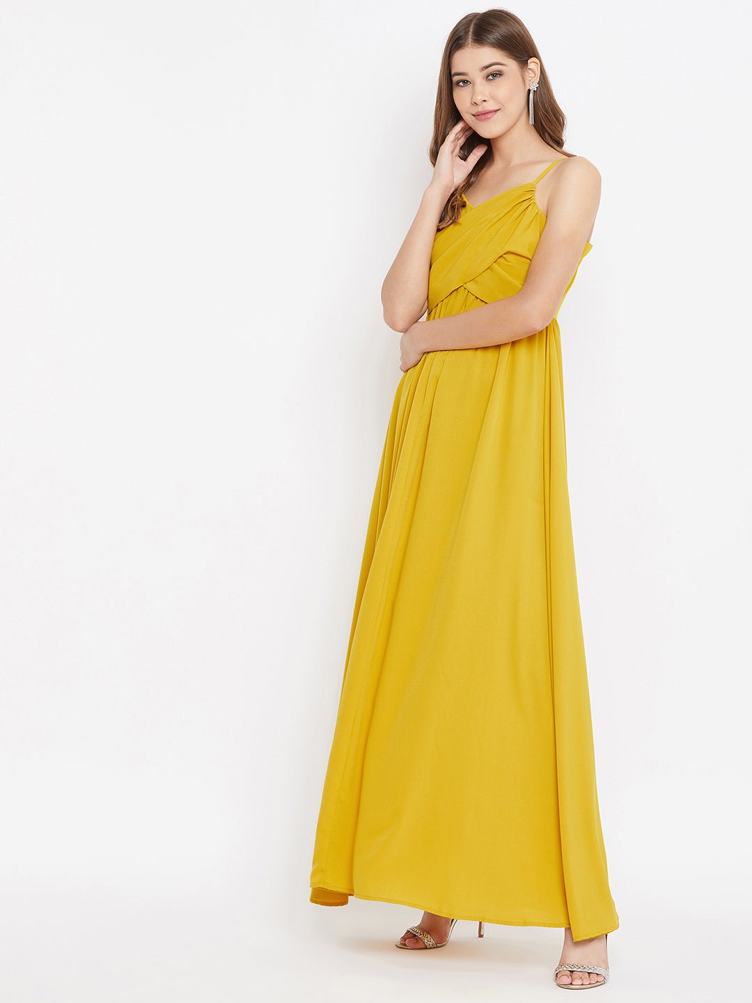 Folk Republic Women Solid Yellow V-Neck Sleeveless Ruched Maxi Dress - #folk republic#