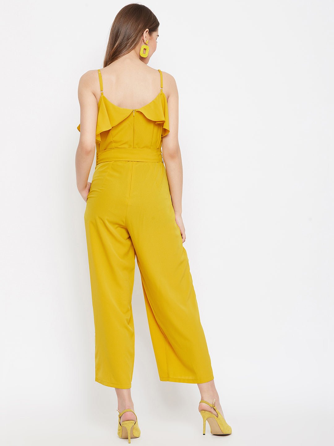 Folk Republic Women Solid Yellow Waist Tie-Up Ruffled Jumpsuit - #folk republic#