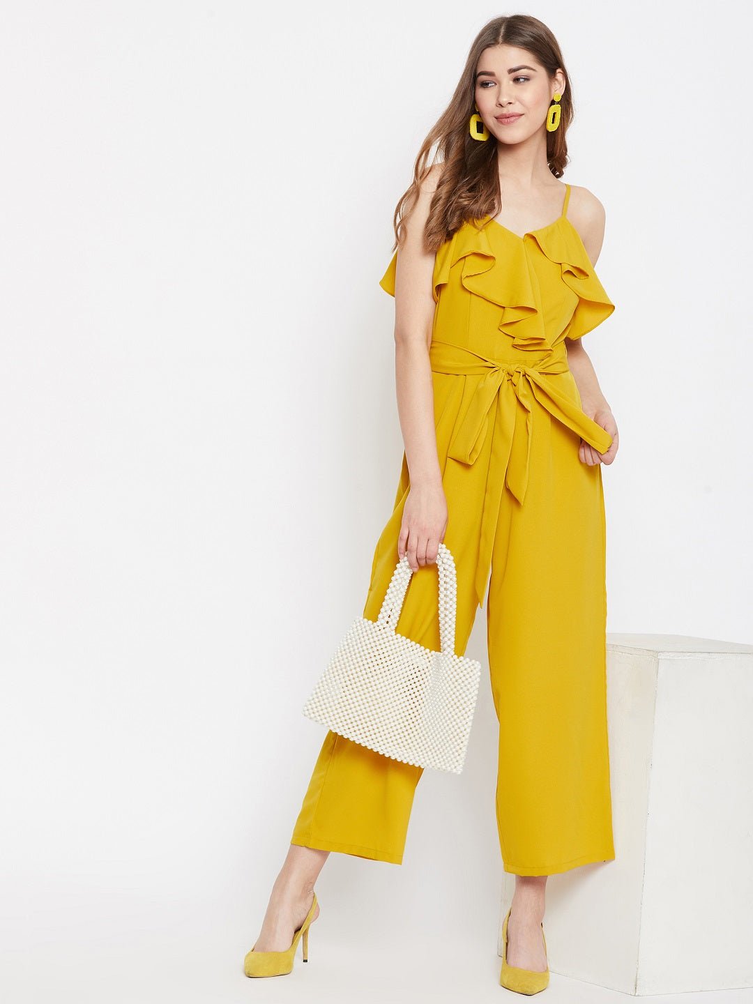 Folk Republic Women Solid Yellow Waist Tie-Up Ruffled Jumpsuit - #folk republic#