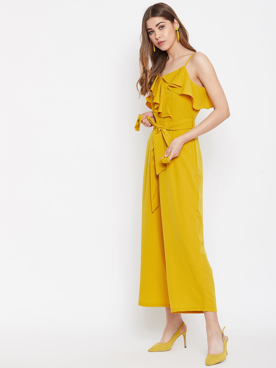 Folk Republic Women Solid Yellow Waist Tie-Up Ruffled Jumpsuit - #folk republic#