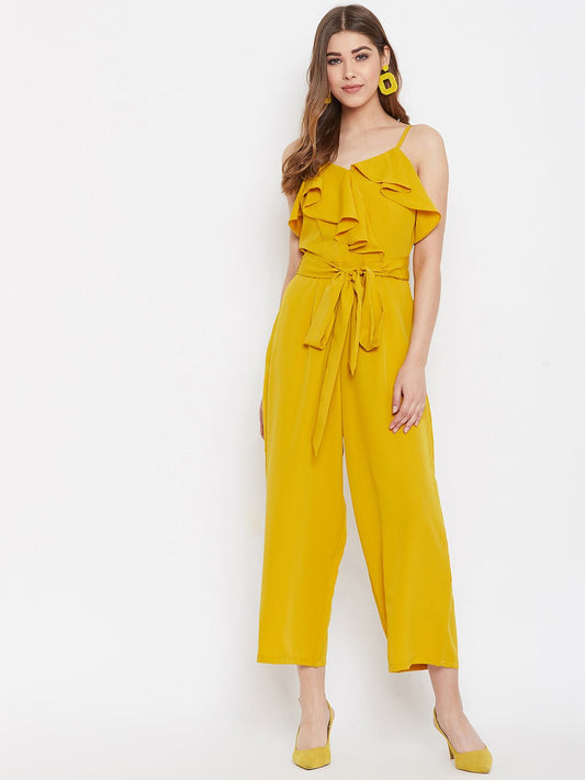 Folk Republic Women Solid Yellow Waist Tie-Up Ruffled Jumpsuit - #folk republic#