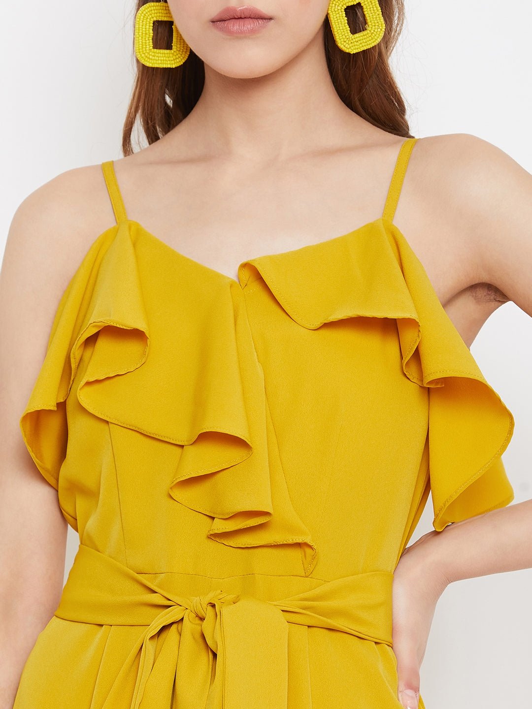 Folk Republic Women Solid Yellow Waist Tie-Up Ruffled Jumpsuit - #folk republic#