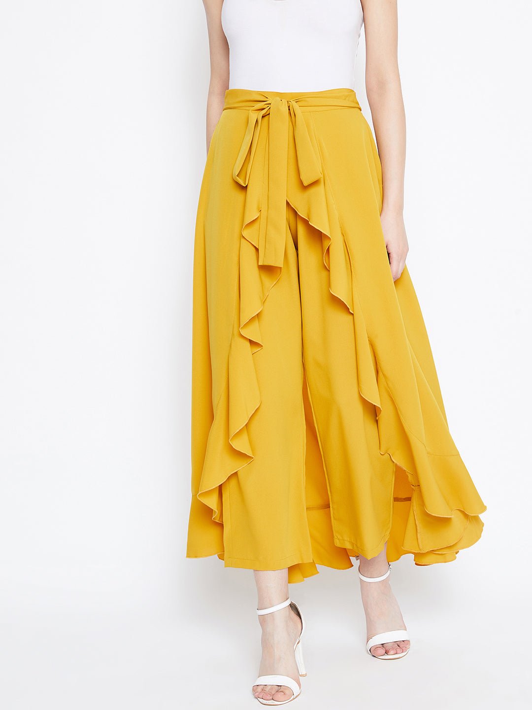 Folk Republic Women Solid Yellow Waist Tie-Up Ruffled Maxi Skirt With Attached Trousers - #folk republic#