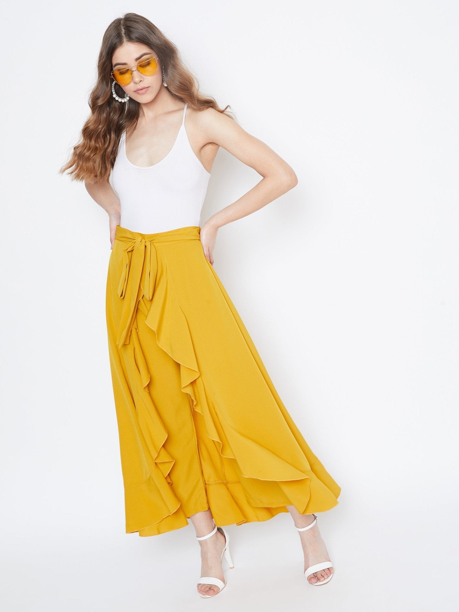 Folk Republic Women Solid Yellow Waist Tie-Up Ruffled Maxi Skirt With Attached Trousers - #folk republic#