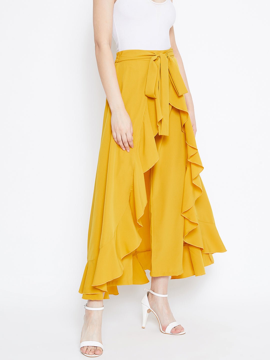 Folk Republic Women Solid Yellow Waist Tie-Up Ruffled Maxi Skirt With Attached Trousers - #folk republic#