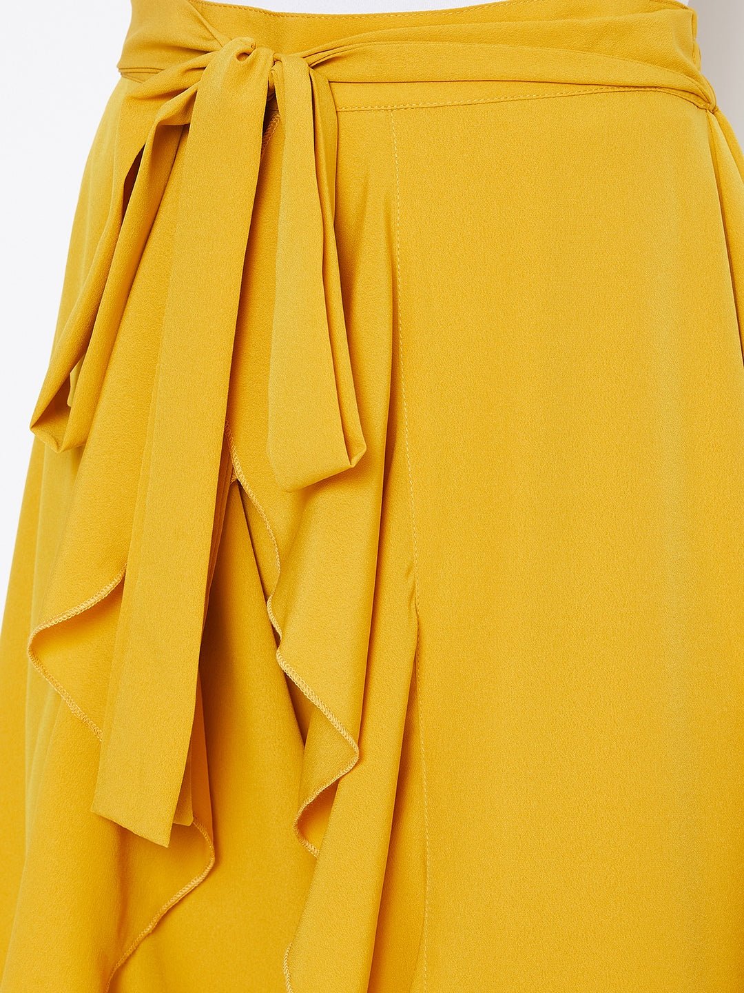 Folk Republic Women Solid Yellow Waist Tie-Up Ruffled Maxi Skirt With Attached Trousers - #folk republic#