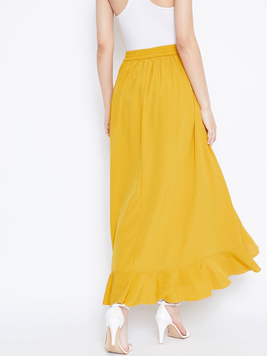 Folk Republic Women Solid Yellow Waist Tie-Up Ruffled Maxi Skirt With Attached Trousers - #folk republic#