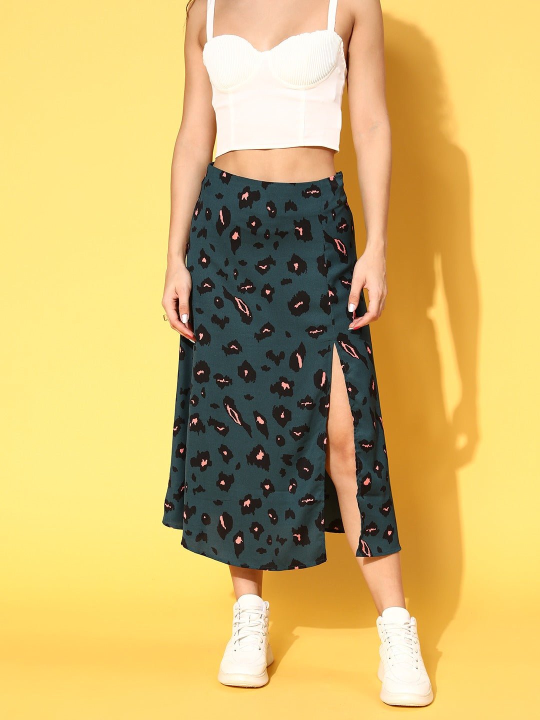 Folk Republic Women Teal Green & Black Abstract Printed Crepe Thigh-High Slit Flared A-Line Midi Skirt - #folk republic#