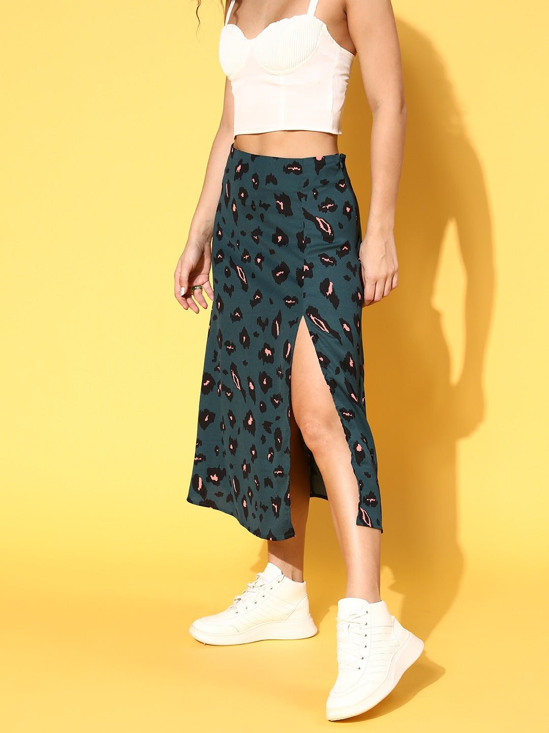 Folk Republic Women Teal Green & Black Abstract Printed Crepe Thigh-High Slit Flared A-Line Midi Skirt - #folk republic#