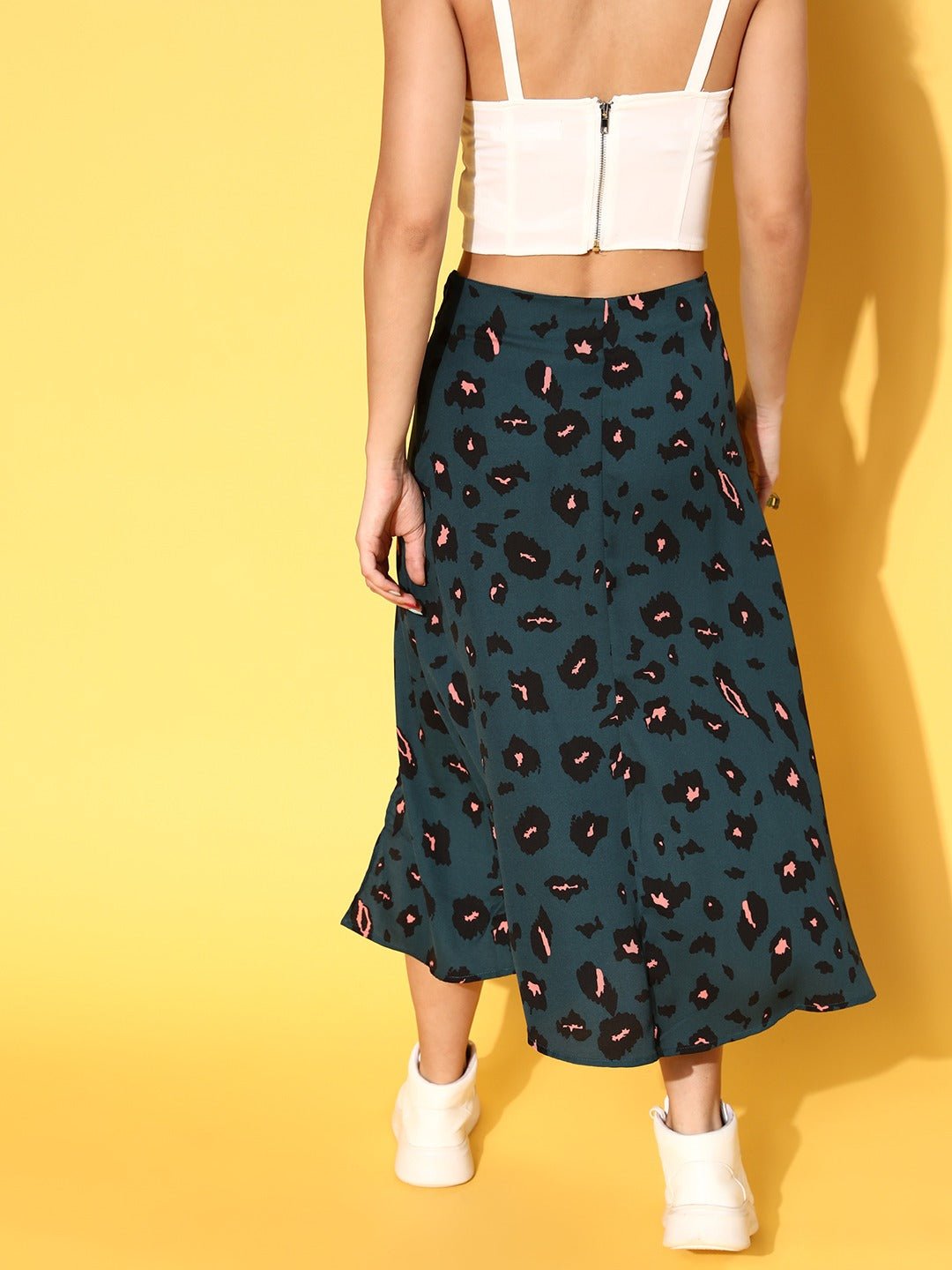 Folk Republic Women Teal Green & Black Abstract Printed Crepe Thigh-High Slit Flared A-Line Midi Skirt - #folk republic#